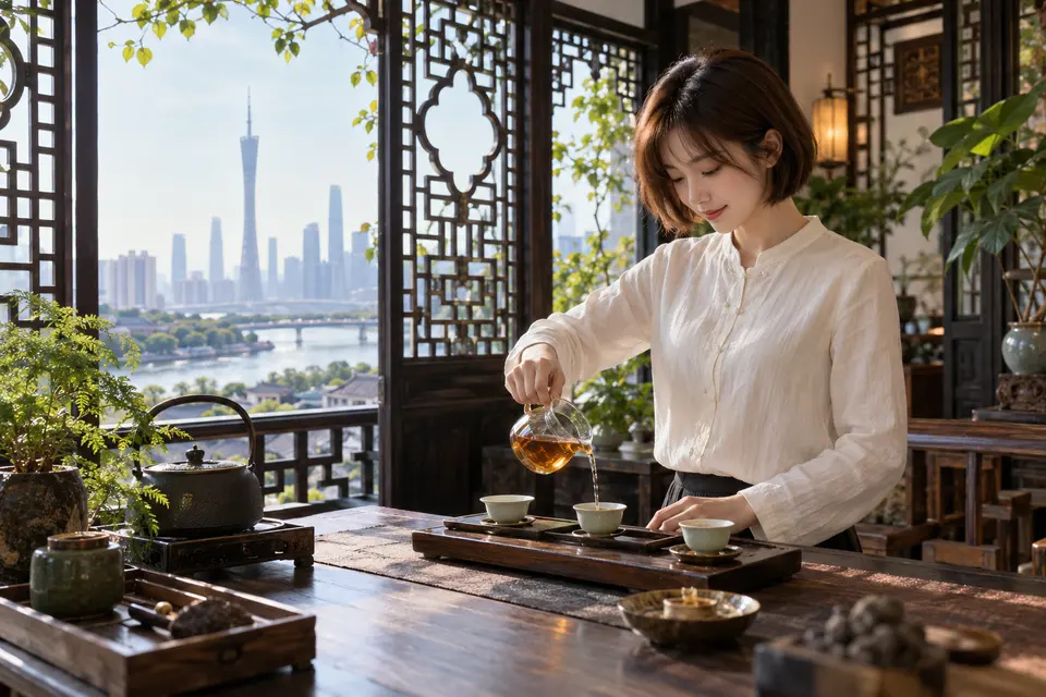 岭南花窗前的冲泡空间，公道杯中盛着浅色茶汤