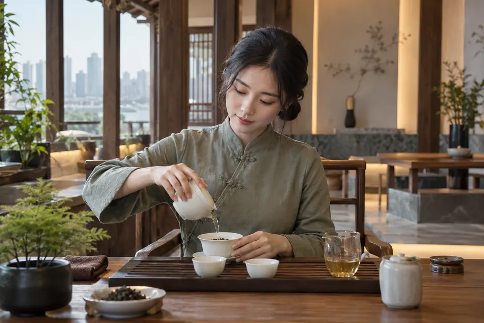 新中式茶席上的盖碗冲泡，茶汤正倒入杯中
