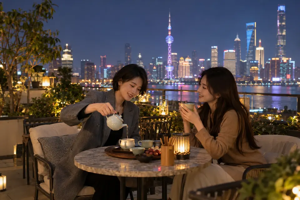 屋顶露台的夜间茶席，几人围坐倒茶交谈