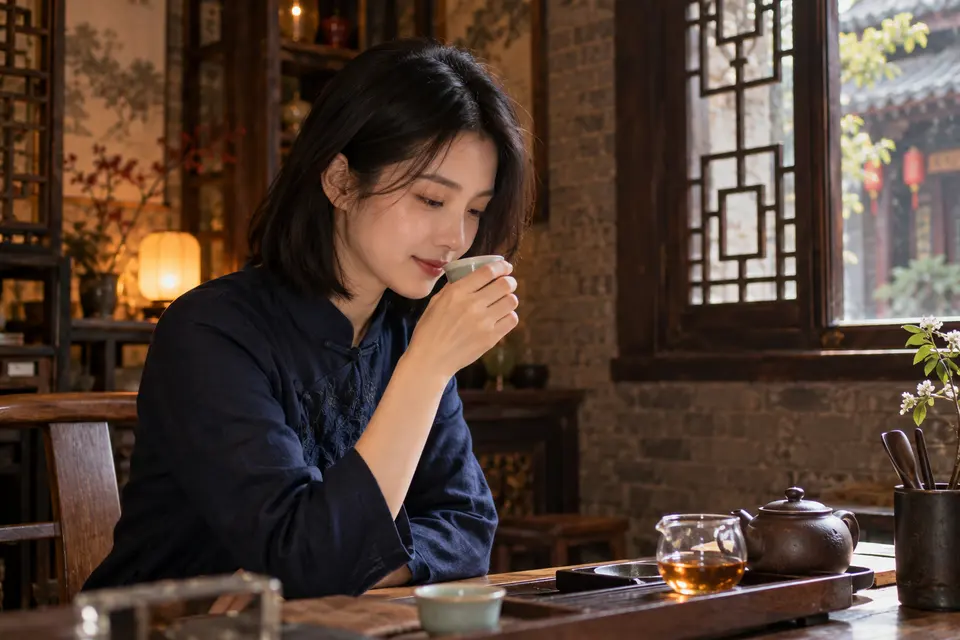 深色木作室内，陶杯置于桌面，有人俯身闻香