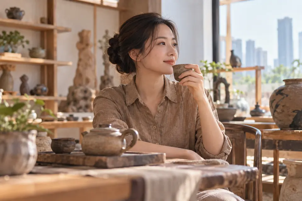 陶艺工作室内的手作茶器与茶杯，旁边放着茶叶