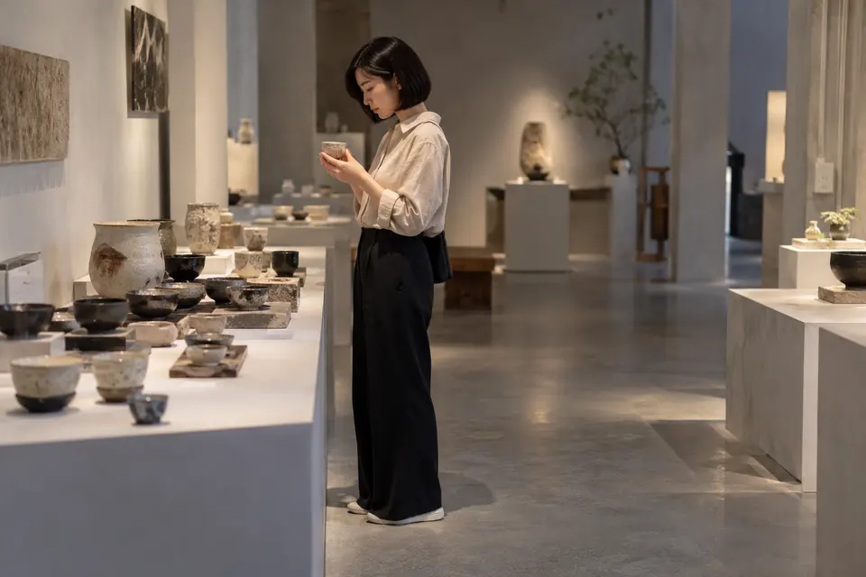 茶器展览空间内陈列的陶瓷茶器，有人正在品饮