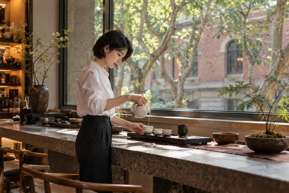梧桐街区的茶室内，白瓷杯中倒好茶汤，窗外是街景
